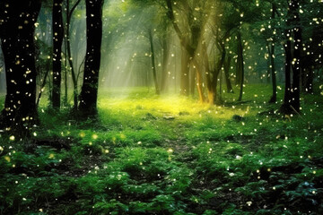 generated illustration of lush green woodland illuminated by flickering fire