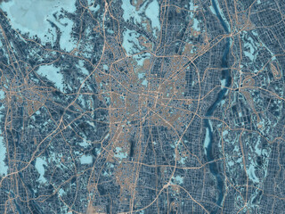 Painterly Style City Map of Utsunomiya, Japan in a Blue Color Scheme.