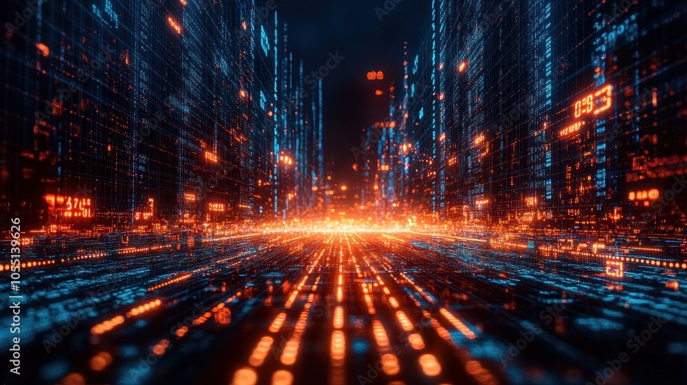 Poster futuristic cityscape with glowing data streams and digital elements.