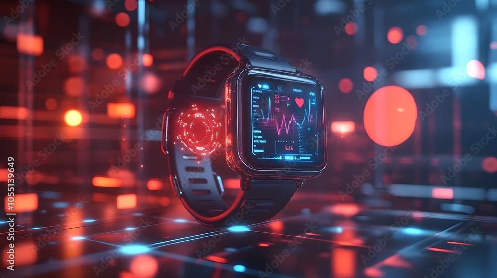 Poster a 3d rendered scene of a smartwatch with holographic health and fitness data floating around it show