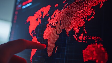 Computer screen displaying global stock crash, red numbers across the world map, closeup, soft ambient lighting