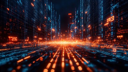 Futuristic cityscape with glowing data streams and digital elements.