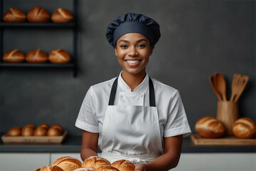 Smiling young black woman baker holding loaf of bread