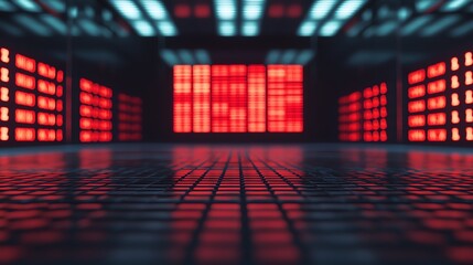 Financial news studio reporting a market crash, red headlines, concerned anchor, glowing tickers in the background, wide shot