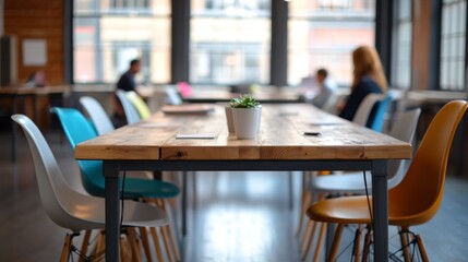 A wooden table with colorful chairs in a modern office setting.
