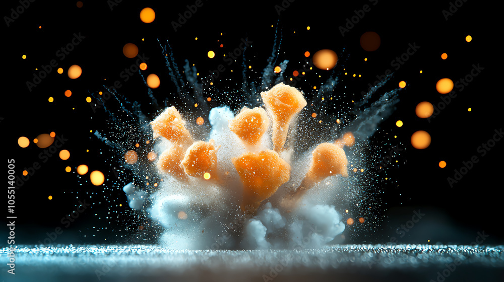 Poster dynamic firecracker explosion capturing the vibrant energy of mid-explosion particles and effects