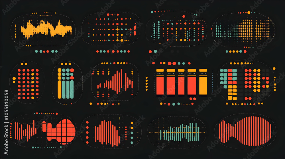 Poster futuristic interface with a set of colorful digital displays.