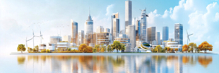Naklejka premium Futuristic cityscape embraces sustainability with wind turbines generating clean energy amidst modern architecture and lush greenery