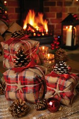 Fototapeta premium Festive close up of a table adorned with christmas cards ready for loved ones in a modern room