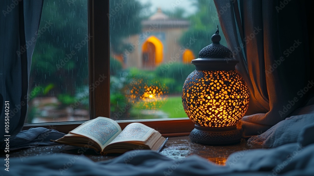 Aufkleber an open book sits on a window sill next to a lit lantern with a rainy view in the background.