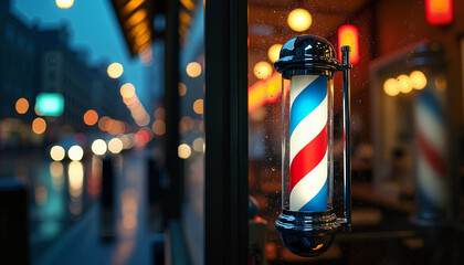 Illuminated barbershop pole on rainy city street at night