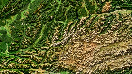 Naklejka premium 4K Fractal Mountains in New Zealand Map, High Resolution Satellite View With No Border, Widescreen 4K Resolution