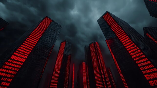 Wideangle shot of a global financial center, red stock tickers glowing on all buildings, storm clouds gathering overhead, apocalyptic feel