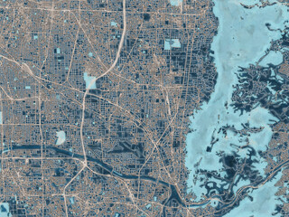 Painterly Style City Map of Yao, Japan in a Blue Color Scheme.