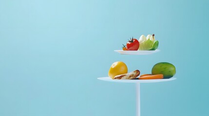 Fresh fruits and vegetables on minimal white stands against a blue background.
