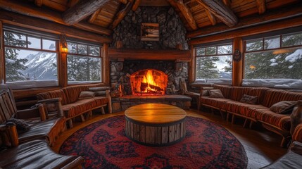 Fototapeta premium Cozy cabin living room with a roaring fireplace and large windows overlooking a snowy mountain landscape.