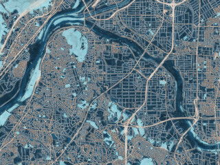 Painterly Style City Map of Yawata, Japan in a Blue Color Scheme.