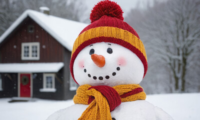 Festive Snowman with Red and Yellow Hat: Classic Winter Joy