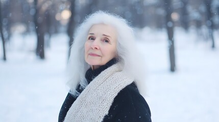 Elderly woman in a snowy forest, exuding grace and serenity.