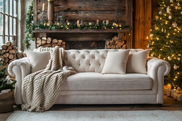 Obraz premium Cozy blanket and holiday decorations on sofa