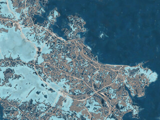 Painterly Style City Map of Yokosuka, Japan in a Blue Color Scheme.