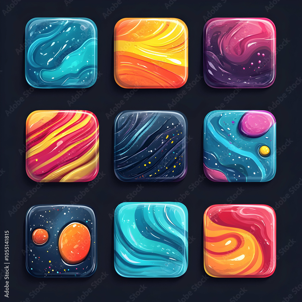 Poster nine colorful square buttons with space and galaxy design, great for gaming and mobile apps.