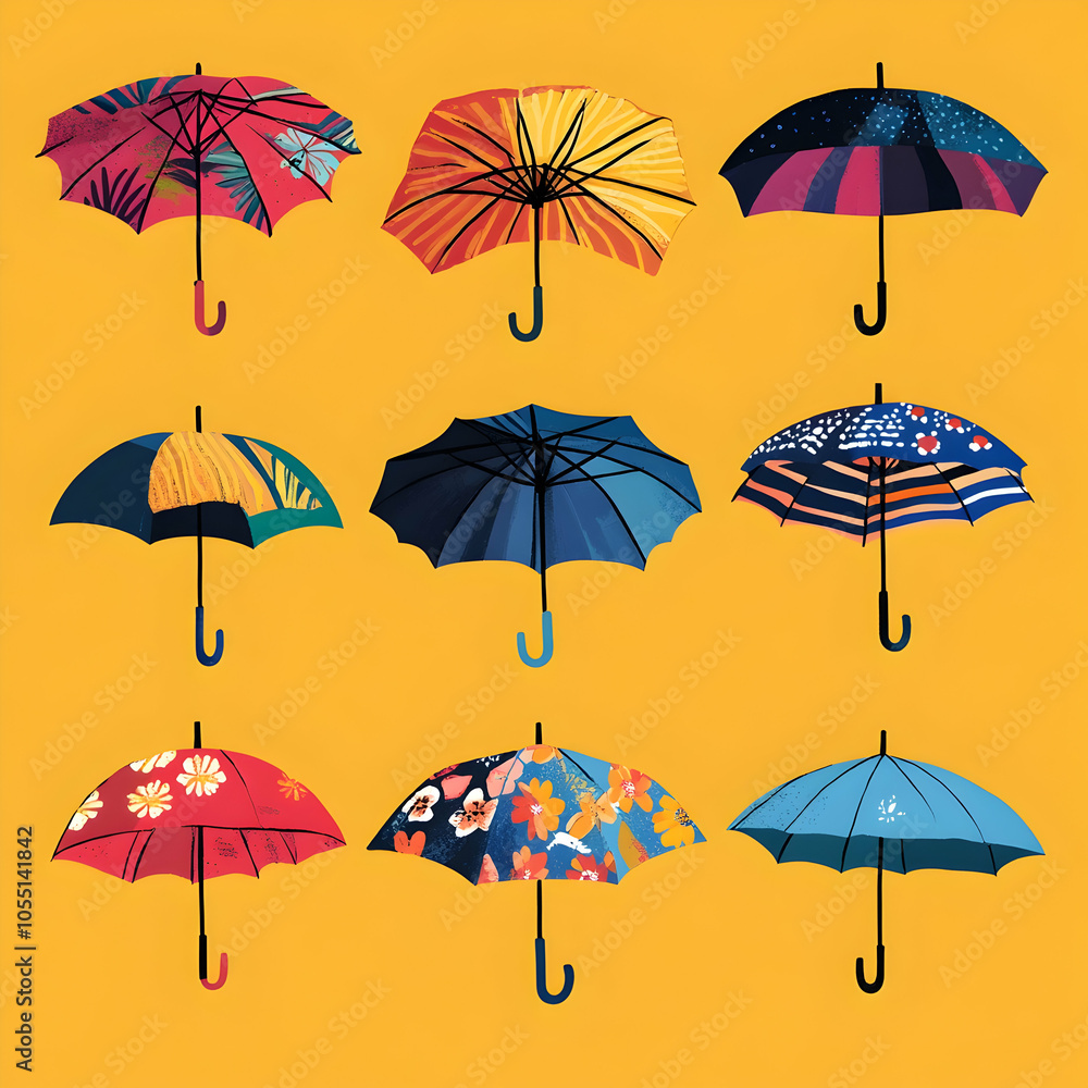 Poster nine colorful umbrellas with different patterns on a yellow background.