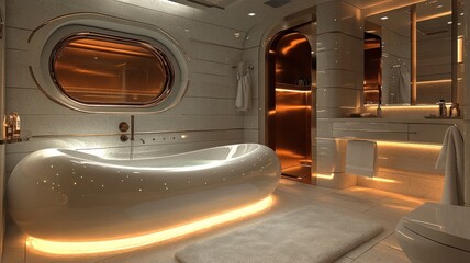 Modern bathroom with sleek design and ambient lighting.