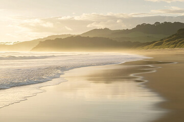 golden sunrise over tranquil beach with soft waves and lush green hills in the distance