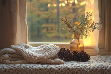Cozy blankets and pinecones by the window