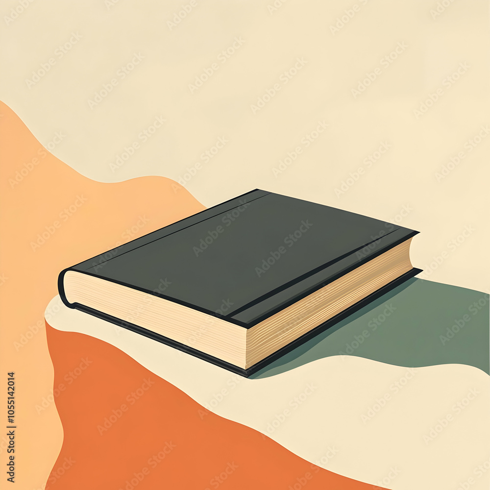 Poster a closed black book on a beige surface with abstract shapes in the background.