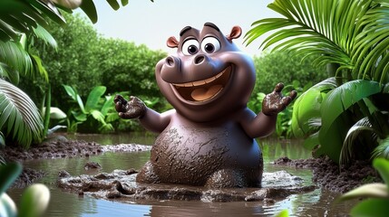 Naklejka premium Happy Cartoon Hippo in a Jungle Setting