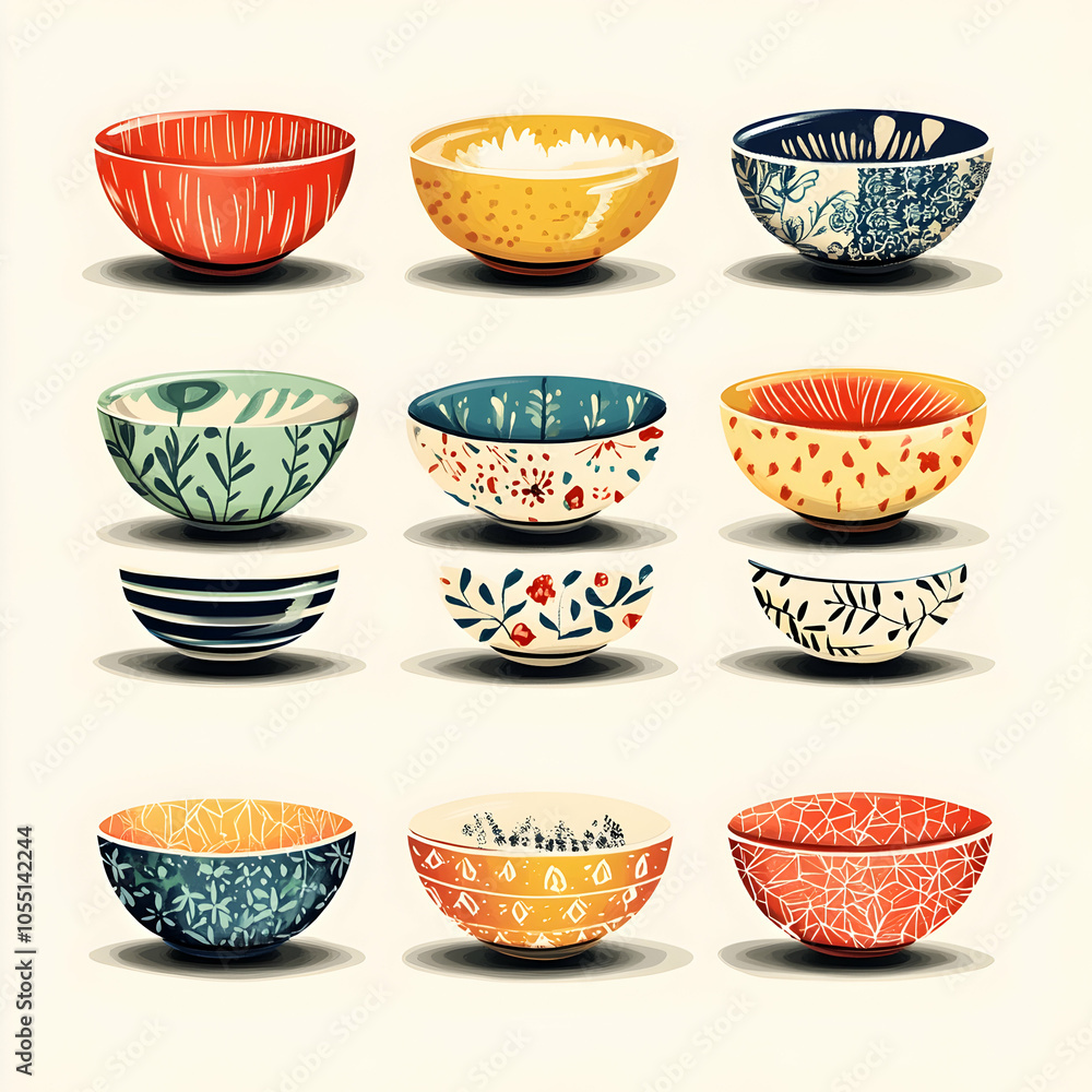 Poster set of 12 colorful ceramic bowls with various patterns isolated on white background.