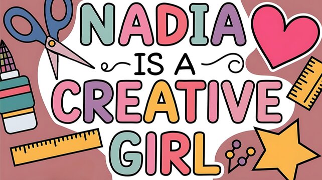 name Nadia with text 'is a creative girl' craft theme with colorful art supplies