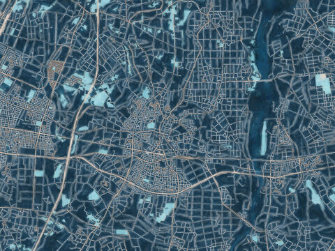 Painterly Style City Map of Yuki, Japan in a Blue Color Scheme.