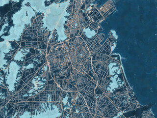 Painterly Style City Map of Yukuhashi, Japan in a Blue Color Scheme.