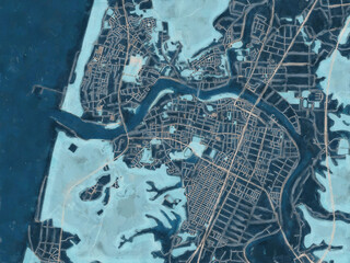 Painterly Style City Map of Yurihonjo, Japan in a Blue Color Scheme.