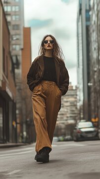 Urban Chic: A confident woman in a stylish brown leather jacket and wide-leg pants walks confidently down a city street, sunglasses adding a touch of mystery to her alluring gaze.  