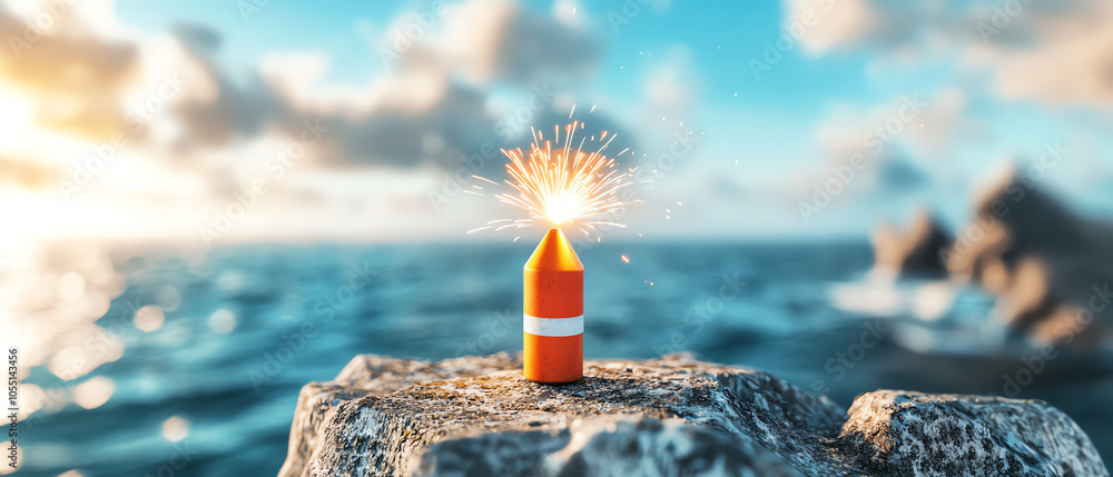 Aufkleber adventurous firecracker display on a cliffside overlooking the ocean at sunset