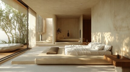Minimalist bedroom with large windows overlooking a pool and tropical landscape.