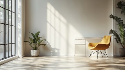Fototapeta premium Minimalist home office with a yellow chair, plants, and a large window with sunlight streaming in.