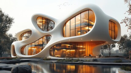 Fototapeta premium Modern organic architecture with fluid shapes and large glass windows.