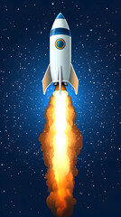 Naklejka premium A white rocket ship blasts off into space with a fiery trail.