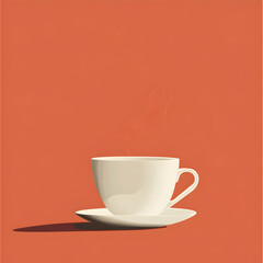 Obraz premium A white coffee cup with steam on an orange background.