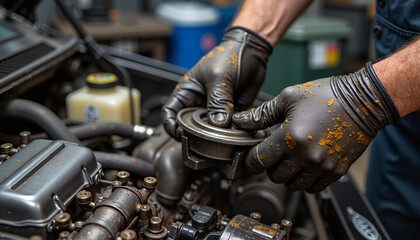 Mechanic with gloves working on car part in engine bay