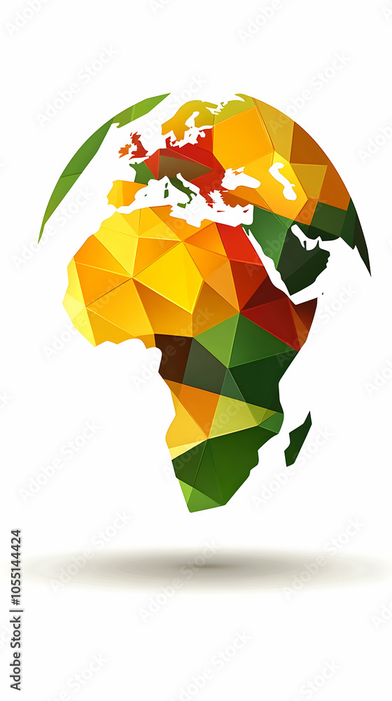 Poster abstract polygonal globe with continents in colorful geometric shapes.