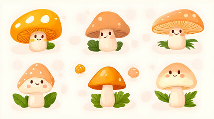 Adorable cartoon mushrooms with smiling faces and green leaves.