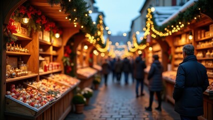 Fototapeta premium Warm Christmas market scene with twinkling lights, vibrant ornaments, and cozy atmosphere. People stroll, exploring festive stalls lined with decorations.