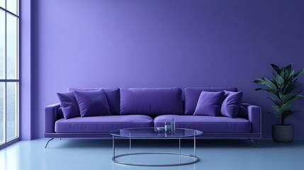 Minimalist living room with purple sofa, glass coffee table, and a plant in a pot against a purple wall.