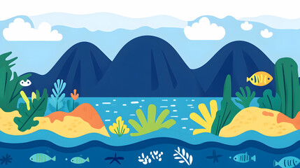 Cartoon illustration of a blue lake surrounded by green plants, blue mountains, and white clouds with fish swimming underneath.